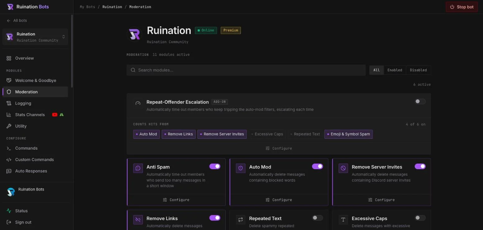 The dashboard’s Moderation page: a grid of auto-moderation modules such as Anti Spam, Auto Mod and Remove Links, each with its own on/off switch.